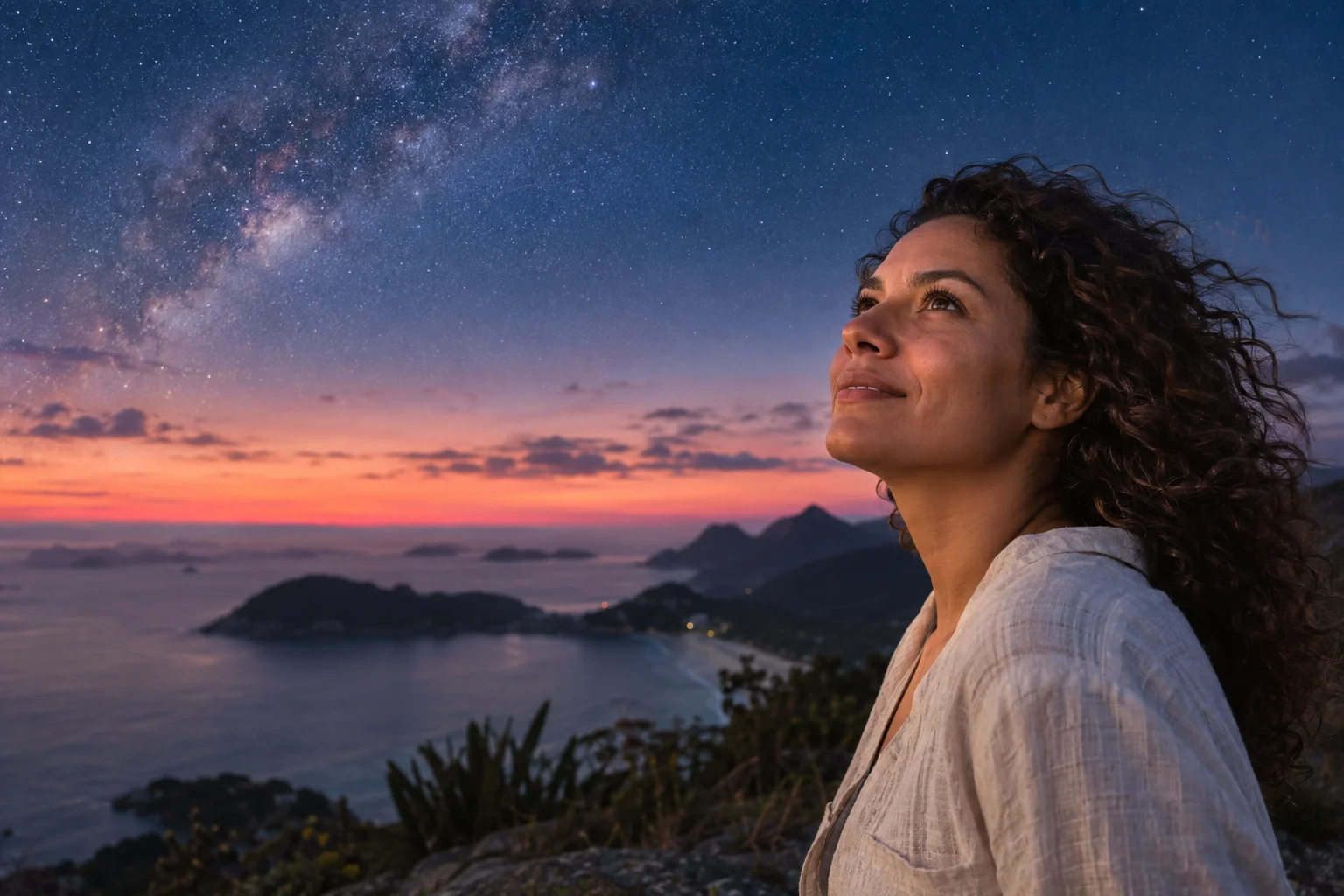 Mulher observando o céu ao entardecer à beira-mar